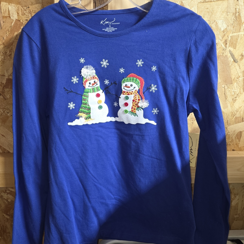 Kim Rogers Womens Size Small Blue Snowman Long Sleeve Tee